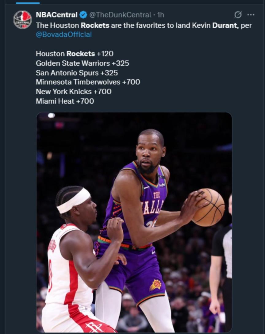 難道說？美媒曬杜蘭特下家賠率，火箭大幅度領跑！